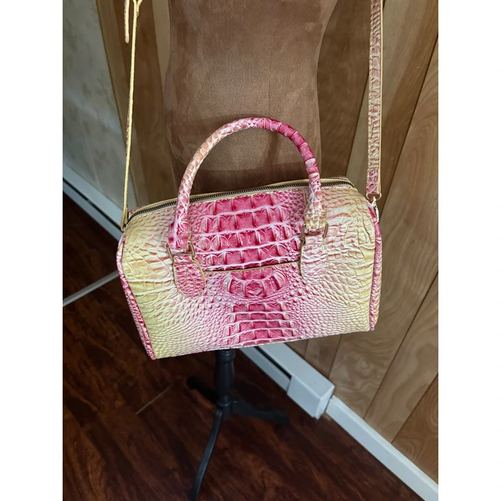 Satchel Handbag Pink Yellow Crocodile Croc‎ Embossed Leather Crossbody Bag NWOT